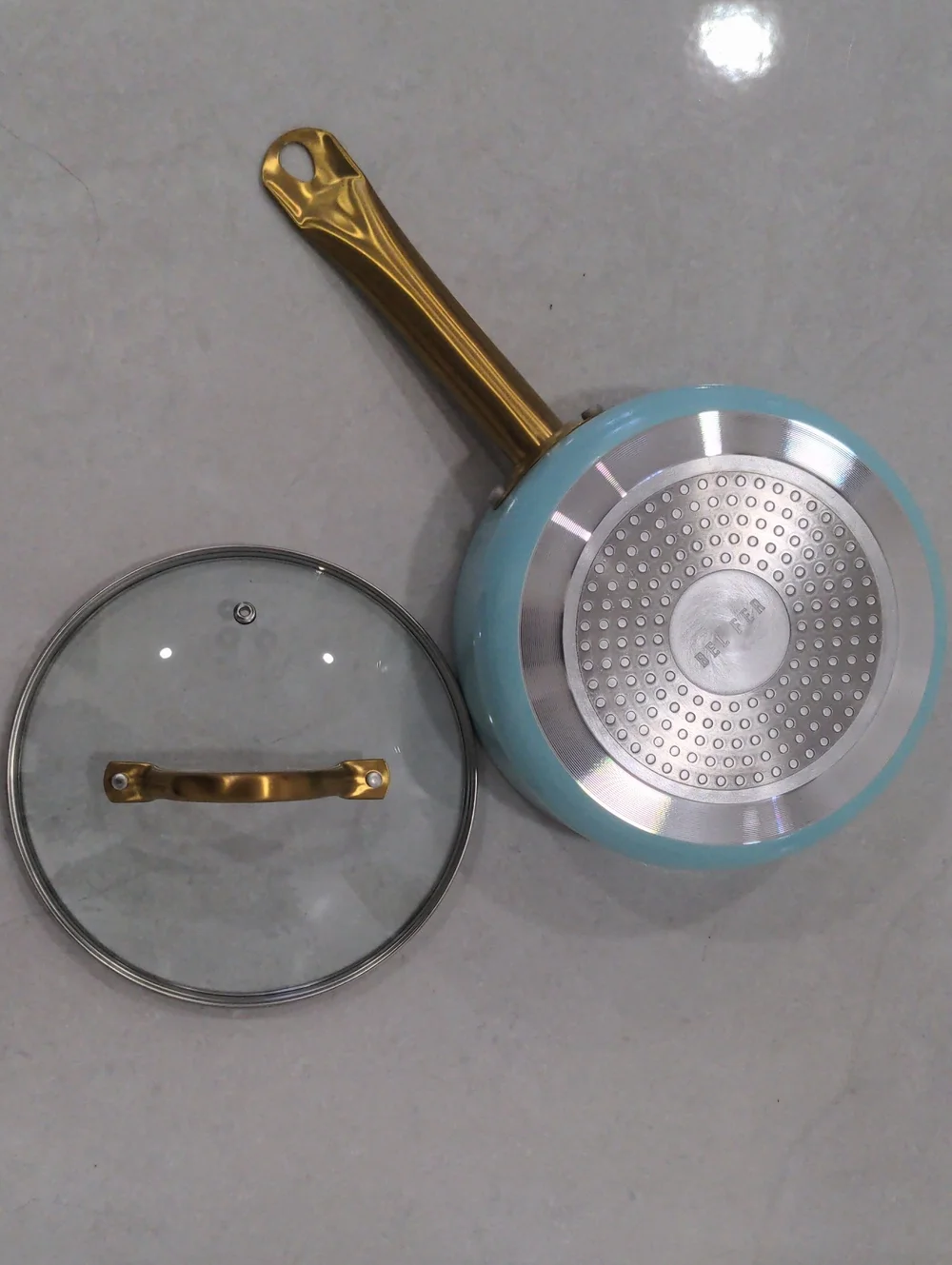 Ceramic-Interior Saucepan with Gold-Tone Handle - White Interior, Aqua Exterior